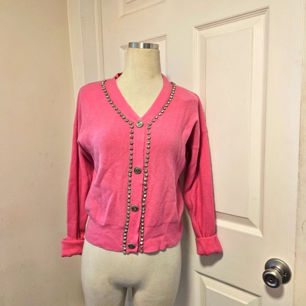 Chic Pink Cardigan with Silver Button and Rhinestones Details
